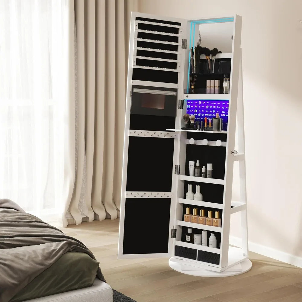 360 Degree Swivel Jewelry Armoire Lockable Cabinet with LED Light