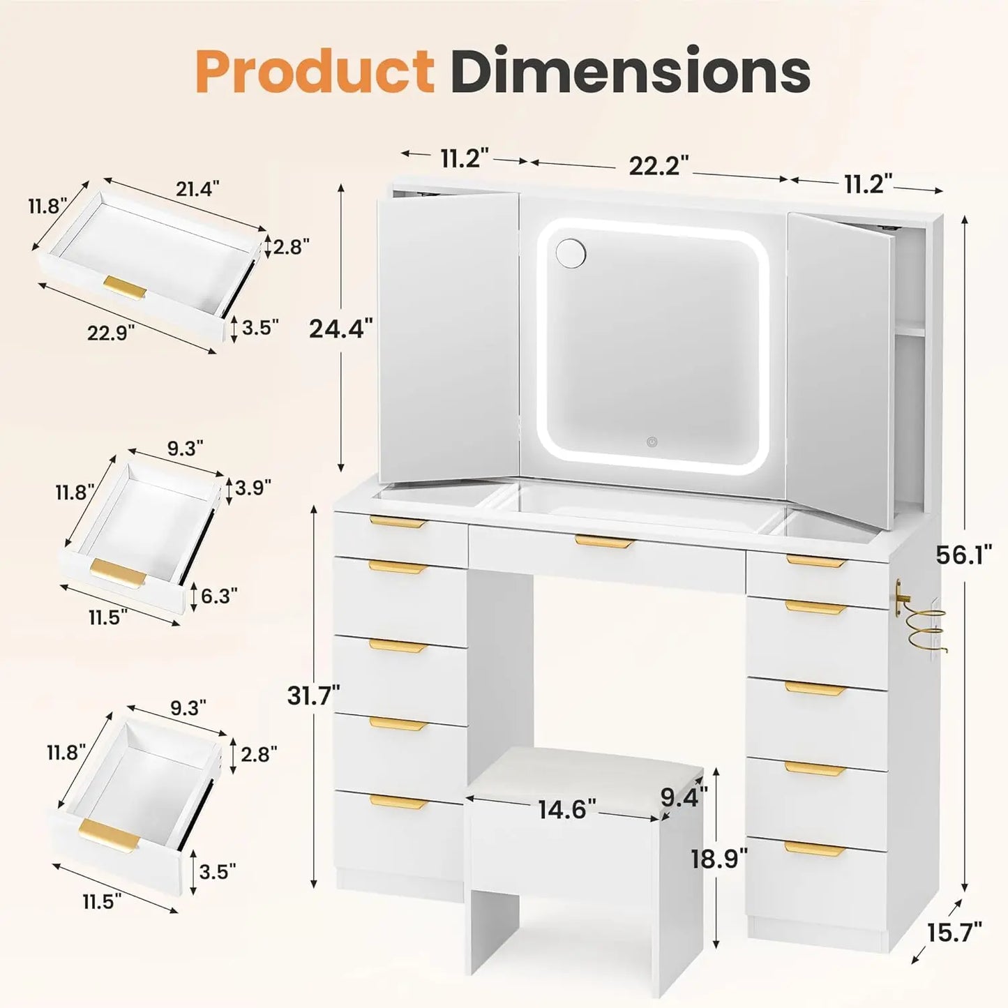 11 Drawer Vanity Desk with Foldable Mirror LED Lights and Gold Handles