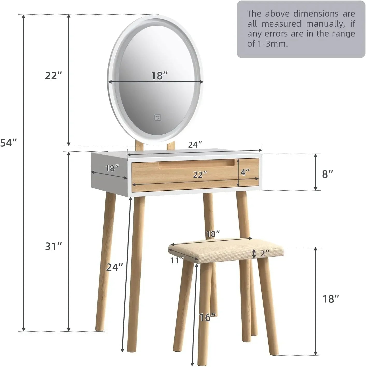 Makeup Vanity Table Set with Adjustable Lighted Mirror and Stool