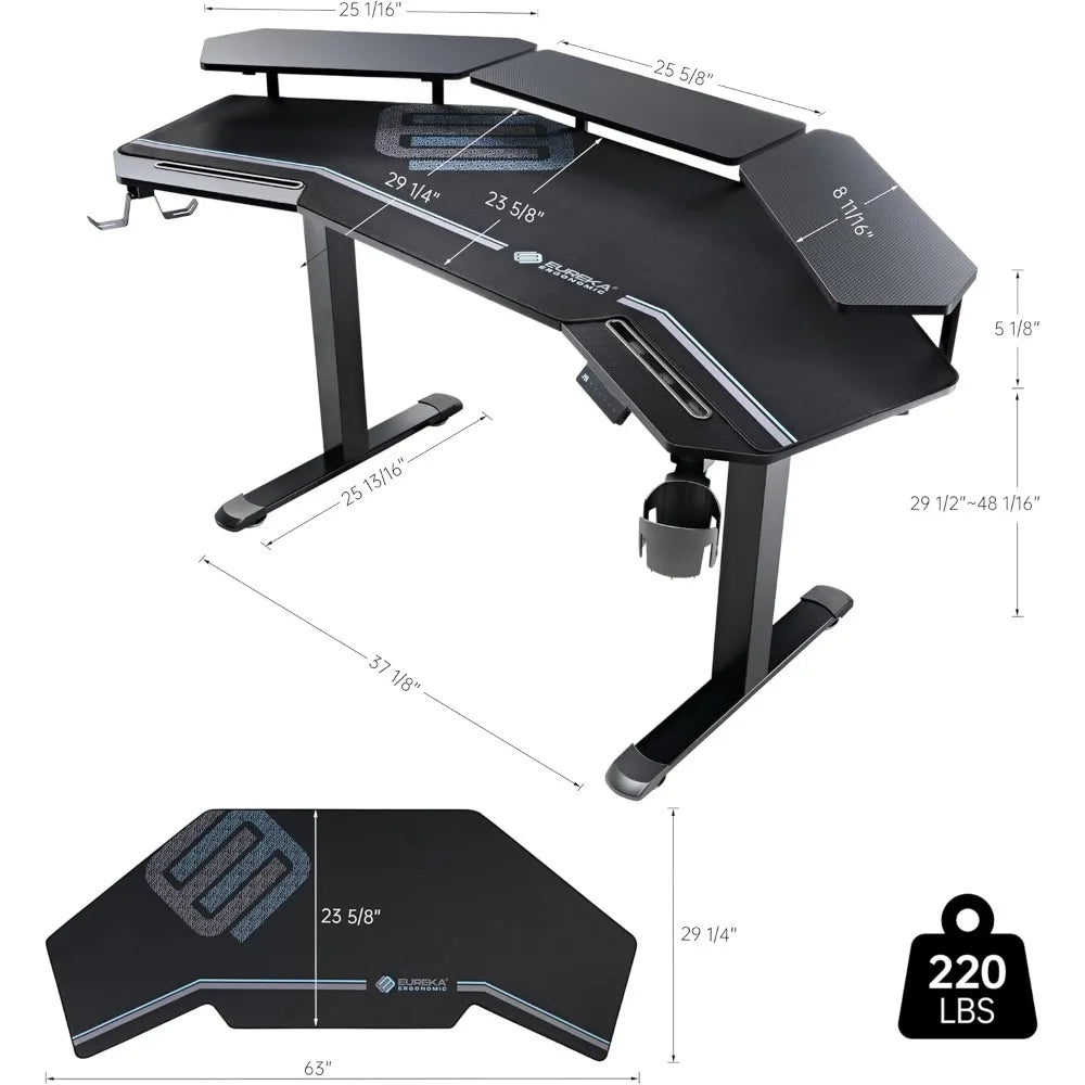 Gaming Desk Adjustable Height Standing Desk 63 Inch Wing Shaped Workstation