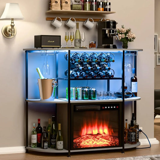 Bar Cabinet with Fireplace LED Lights Home Mini Bar with Power Outlet