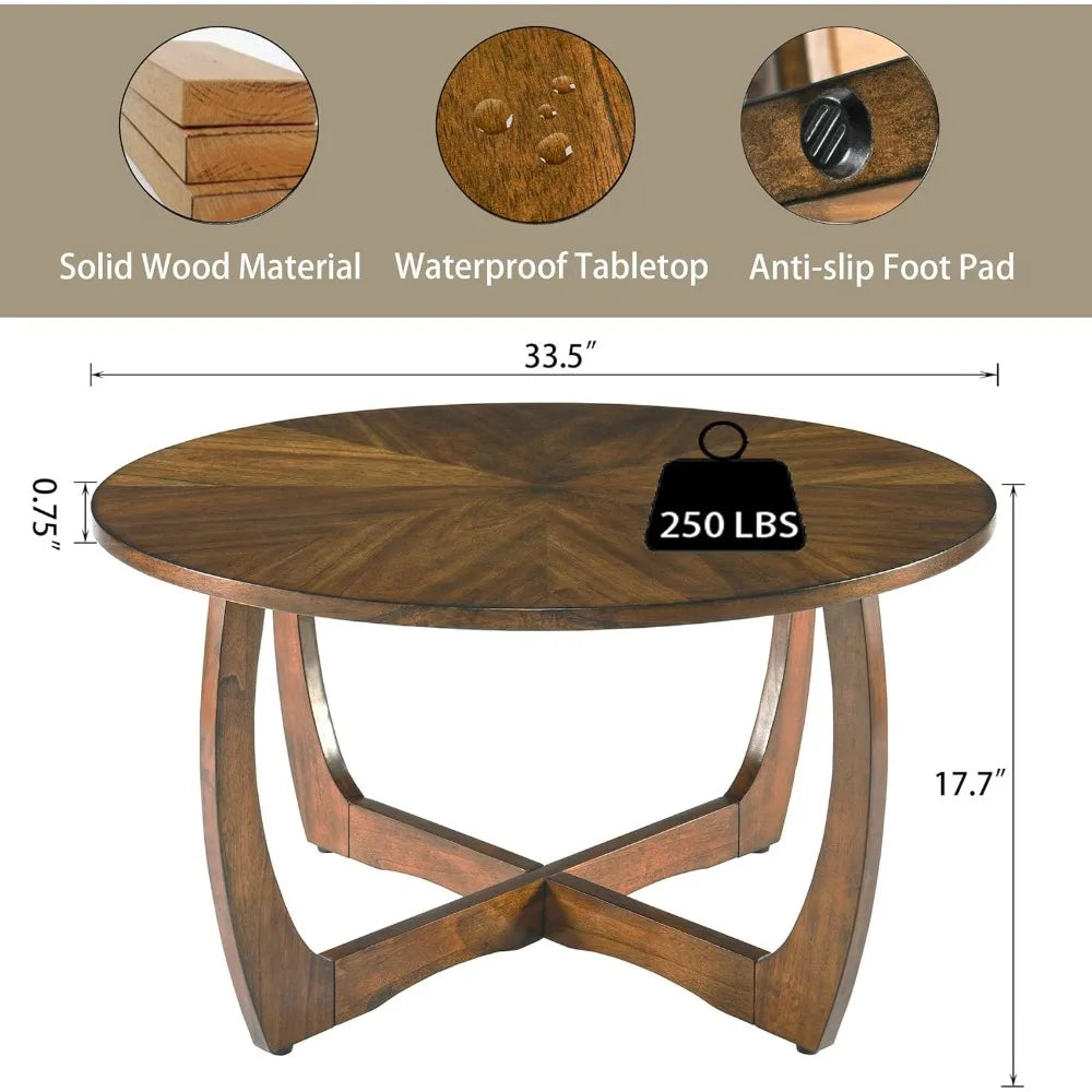Mid Century Modern Round Wood Coffee Table 33.5" Walnut Living Room