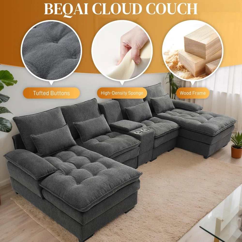 130” U Shaped Cloud Sectional Sofa with Storage & Cup Holders | Fjellheim