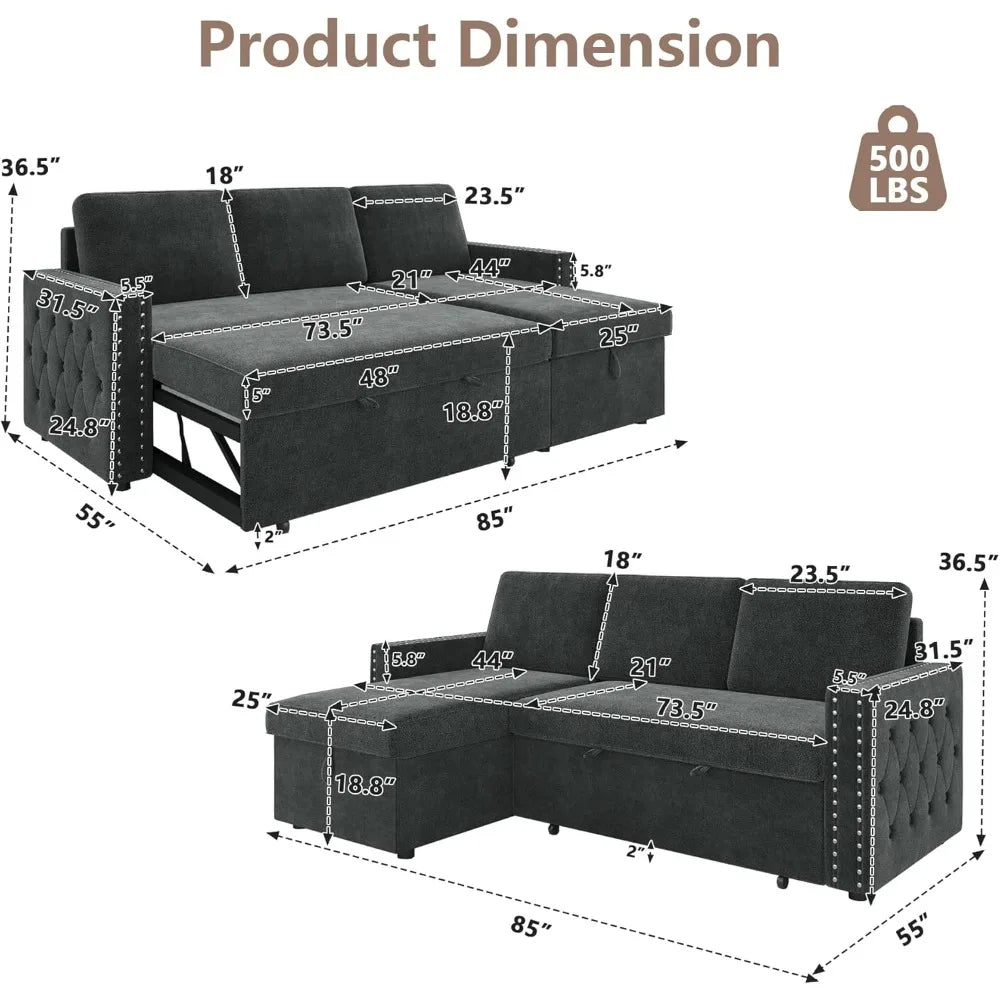 Reversible Sleeper Sectional Sofa Tufted Chenille L-Shaped Couch