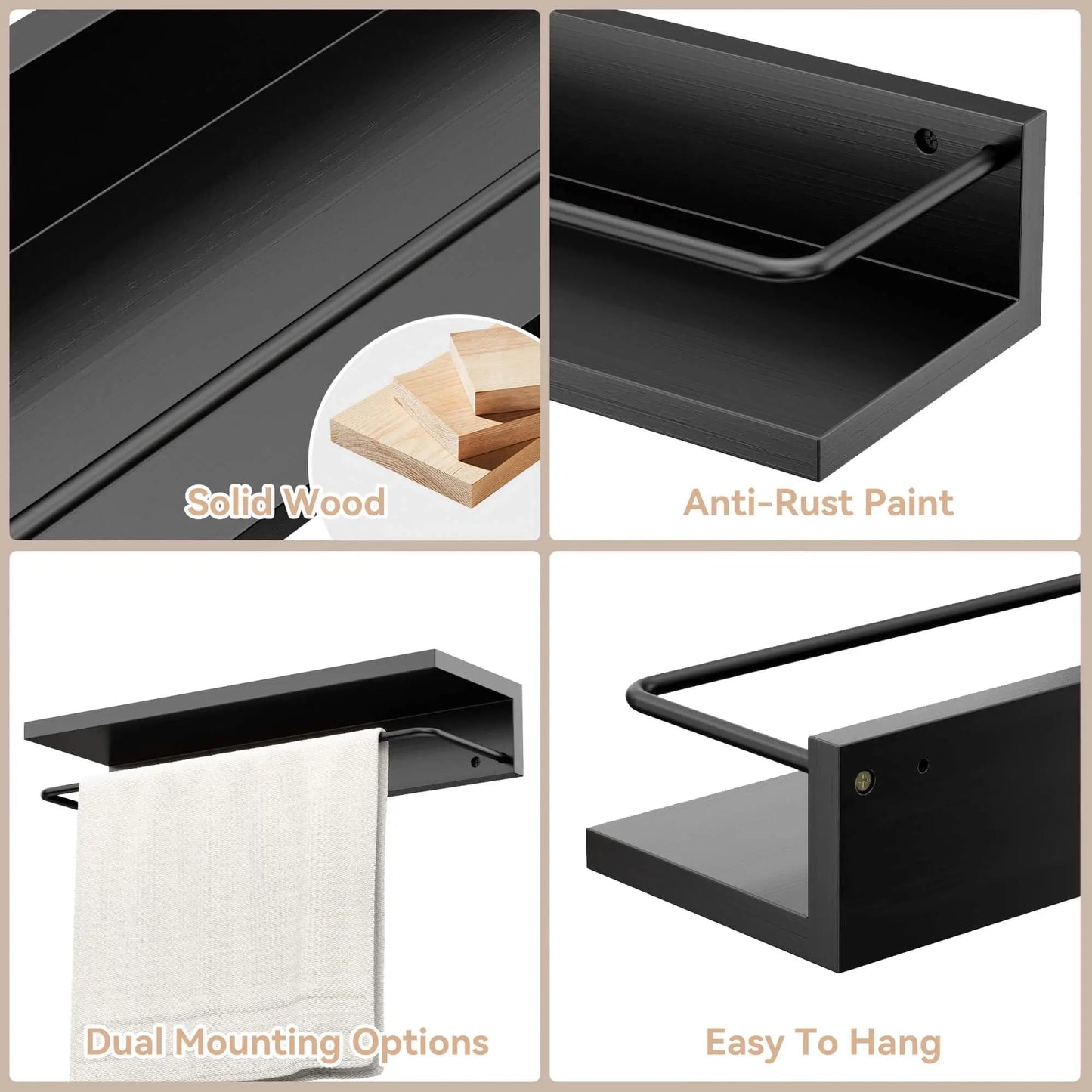 Floating Black Shelves with Metal Guardrail Set of 2 Modern Bathroom Storage