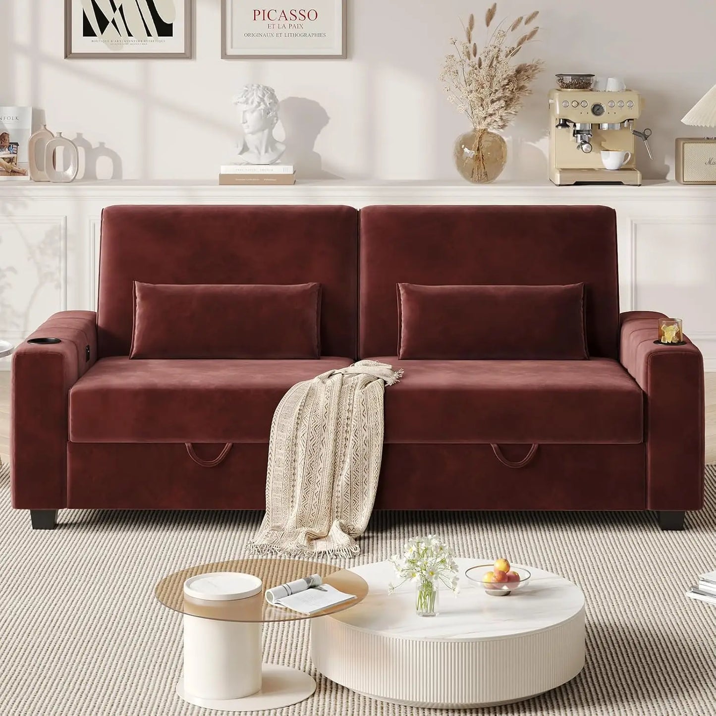 88 Inch Modern Velvet Recliner Sofa with Storage and Charging Ports