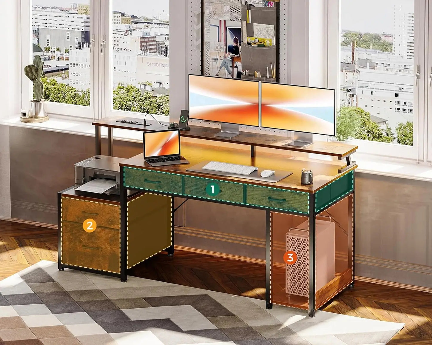 55 Inch Computer Desk with Drawers LED Lights Monitor Stand Storage