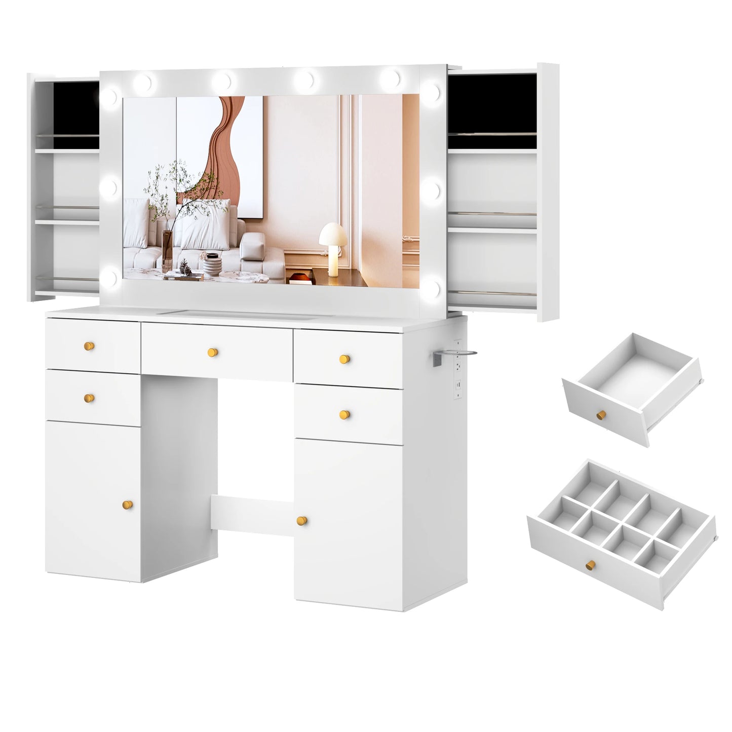 Vanity Desk with Lighted Mirror Charging Station & Storage Set