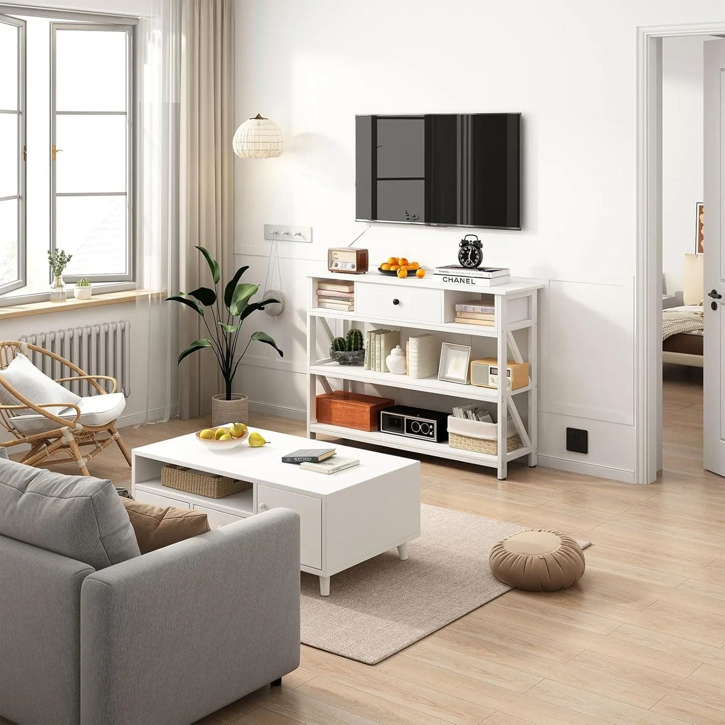 39 Inch Industrial Console Sofa Table with Drawer and Storage Shelves