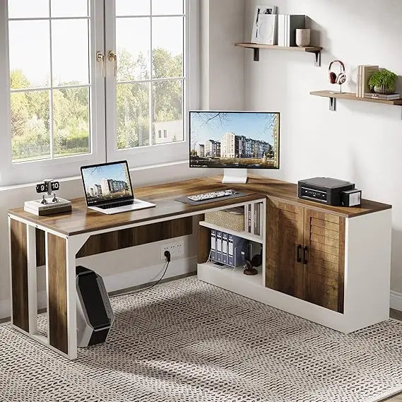 L-Shaped Executive Desk Office Workstation with Cabinet Storage