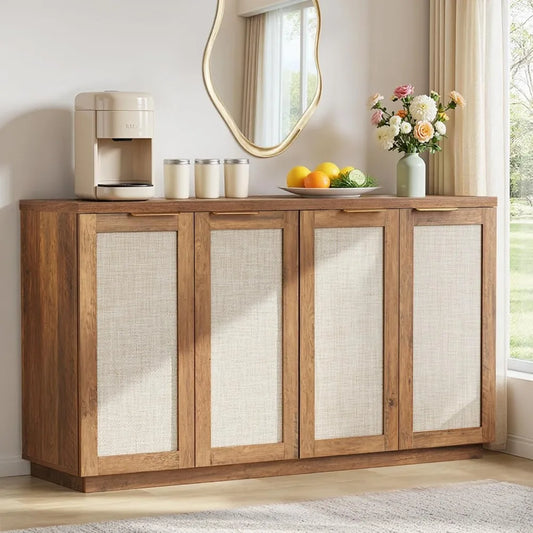 Rattan Sideboard Buffet Storage Cabinet with 4 Doors Boho Style 55.12"