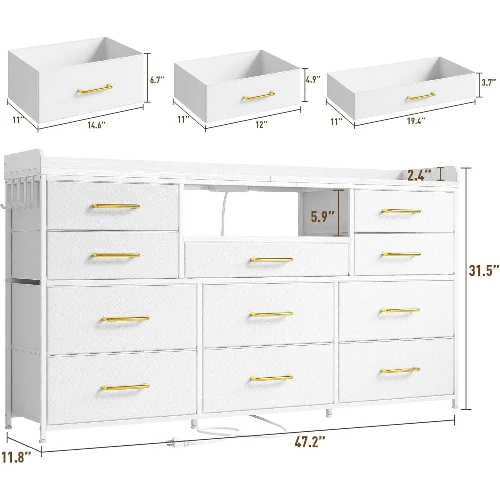 Dresser with 11 Drawers LED Lights Charging Station TV Stand for Bedroom