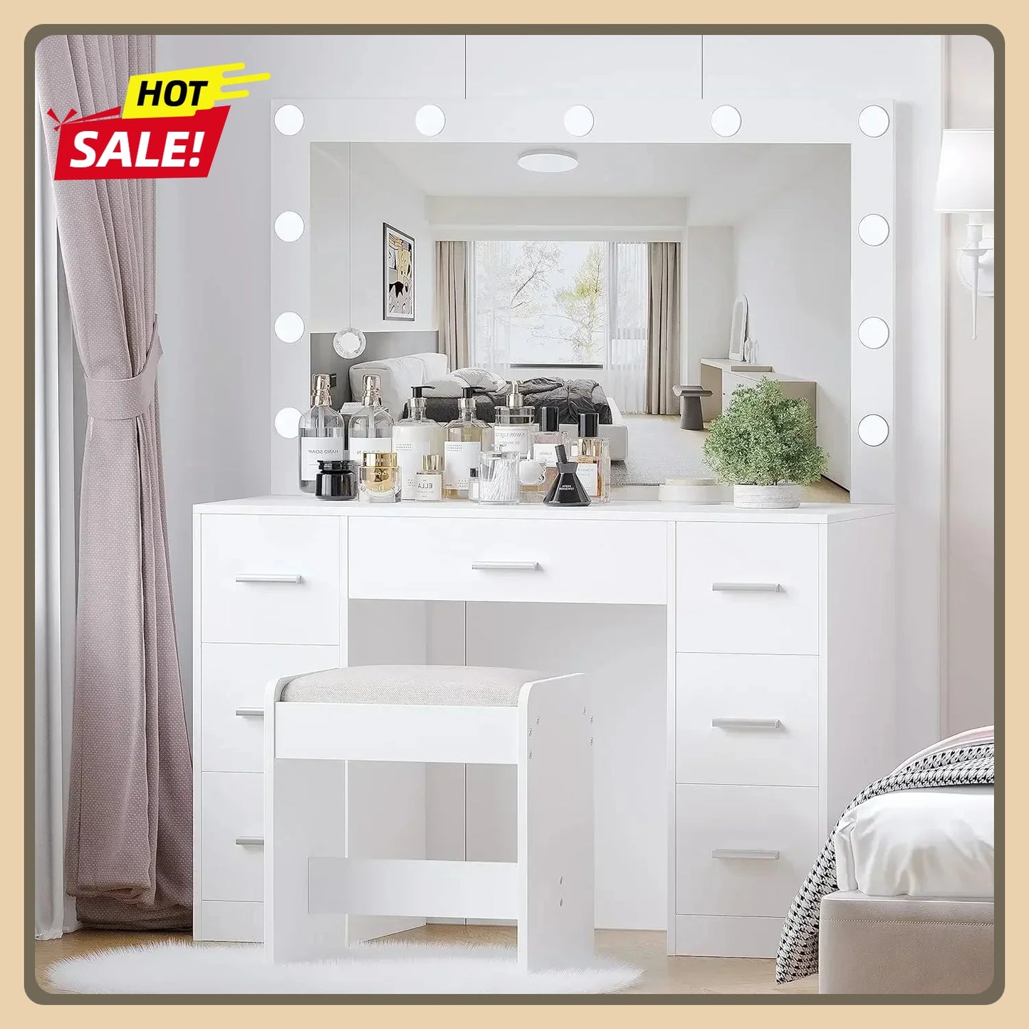 Vanity Desk with Stool Adjustable Brightness Lighted Mirror 3 Modes