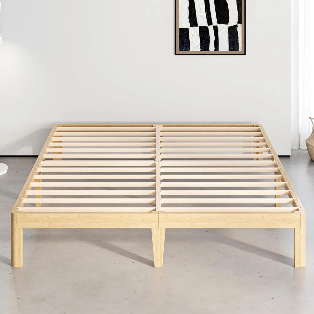 12 Inch High Bamboo King Bed Frame Platform Steel Slat Support Easy Assembly