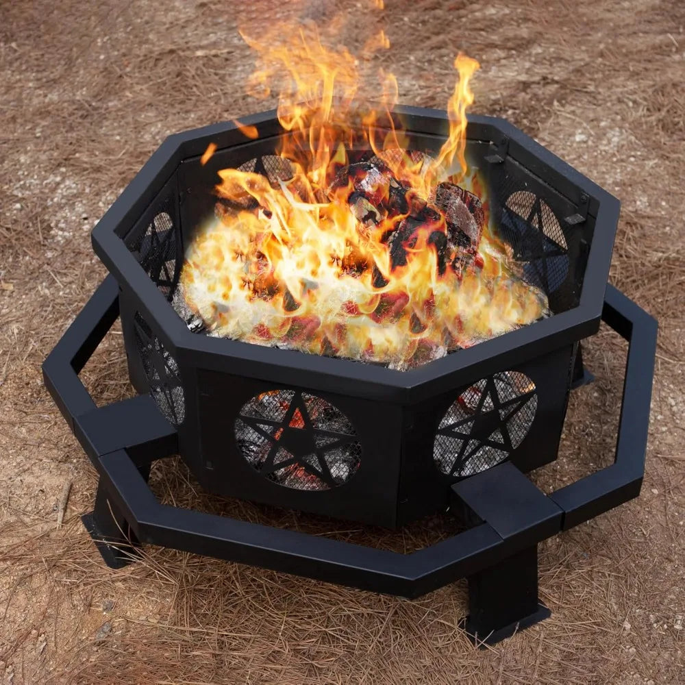 Ljustra 35 Inch Octagonal Fire Pit with Grill Outdoor Wood Burning
