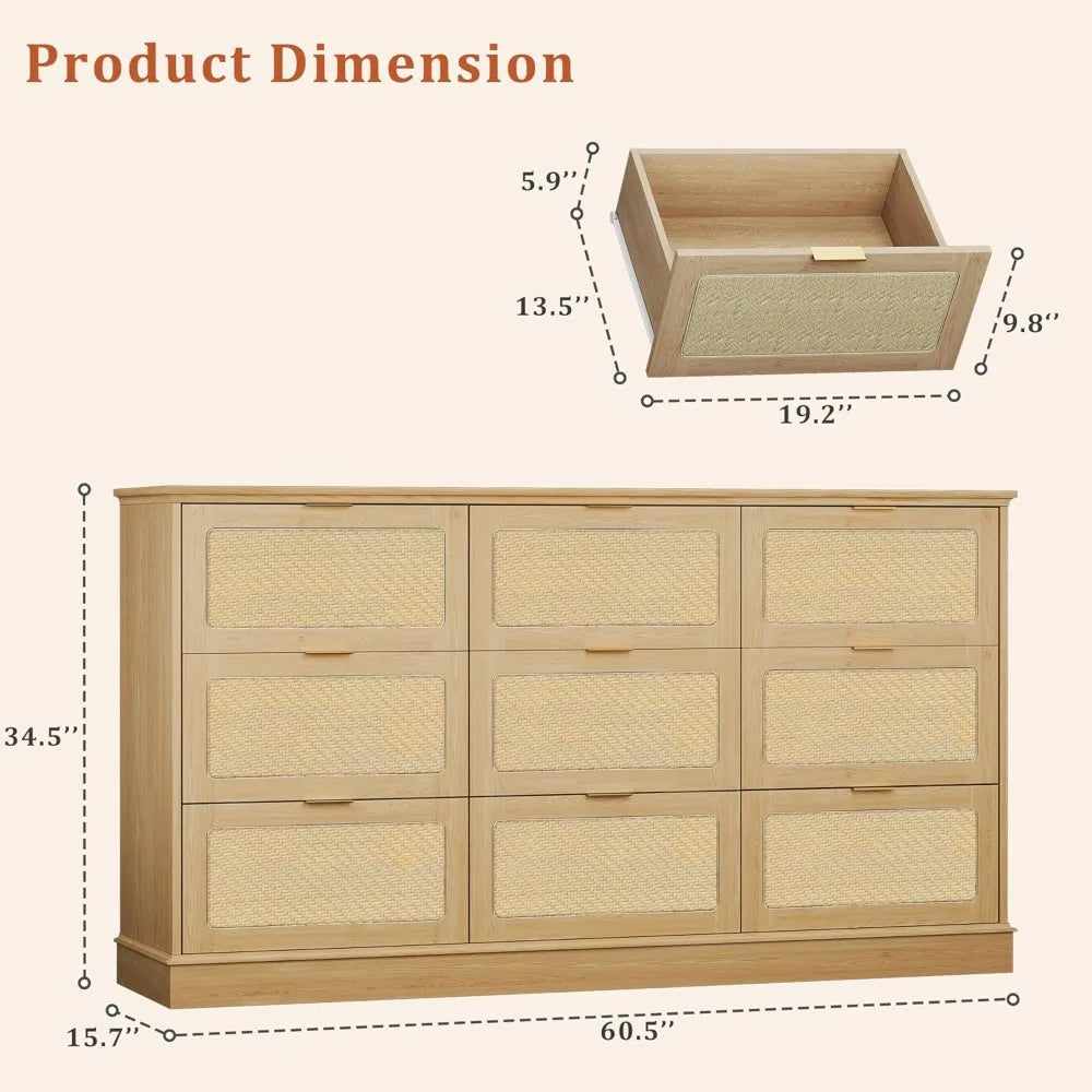 9 Drawer Dresser Rattan Chest of Drawers Large TV Stand Boho Style