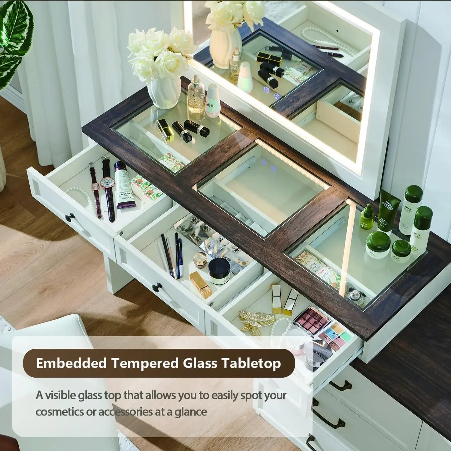 69 Inch Big Vanity Desk Glass Top Farmhouse Makeup Table Storage Drawers