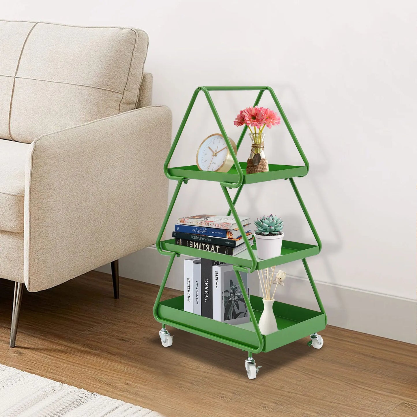 Christmas Tree Side Table Movable Iron Cart Sofa Cabinet with Wheels