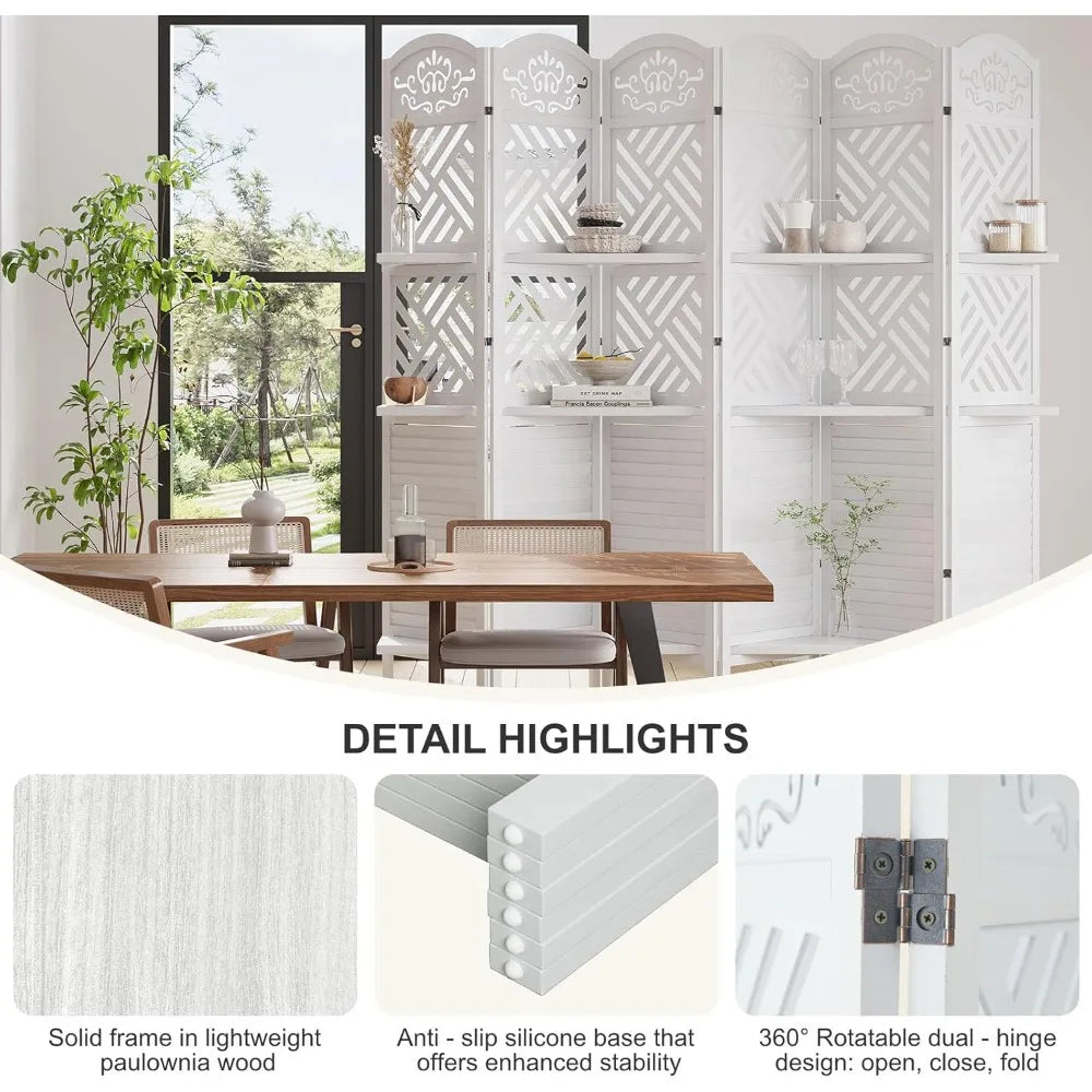 Room Divider with Shelves 5.75ft Tall Folding Wood Carved Screen