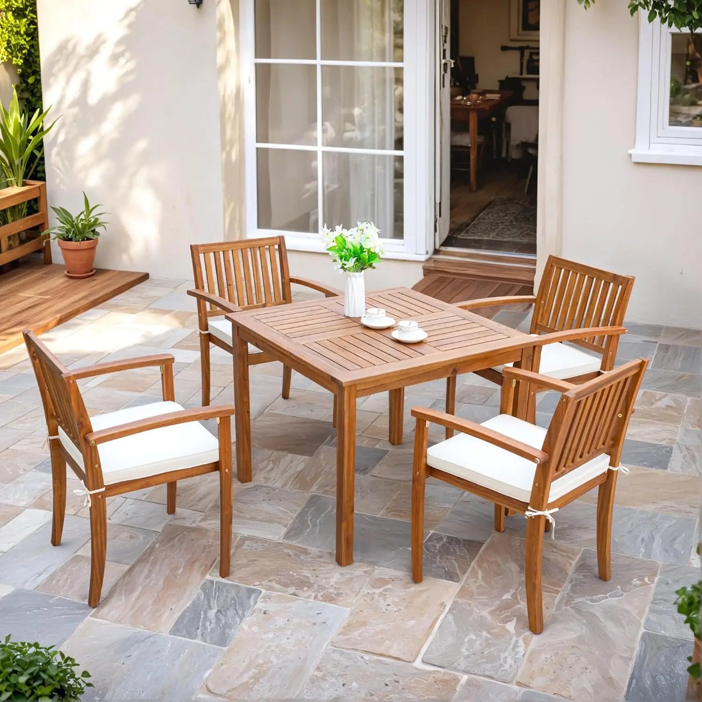 5 Piece Outdoor Dining Set Acacia Wood Patio Table Chairs Cushions