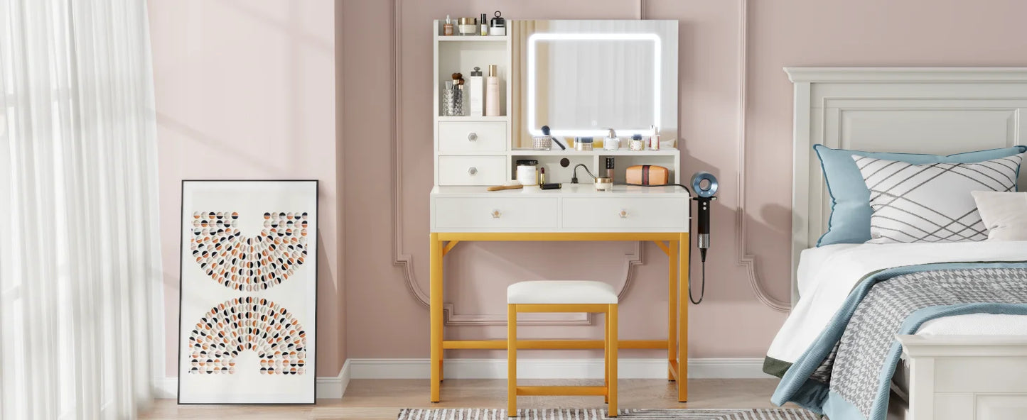 Satifur Vanity Desk with LED Mirror Power Outlets Makeup Stool Set