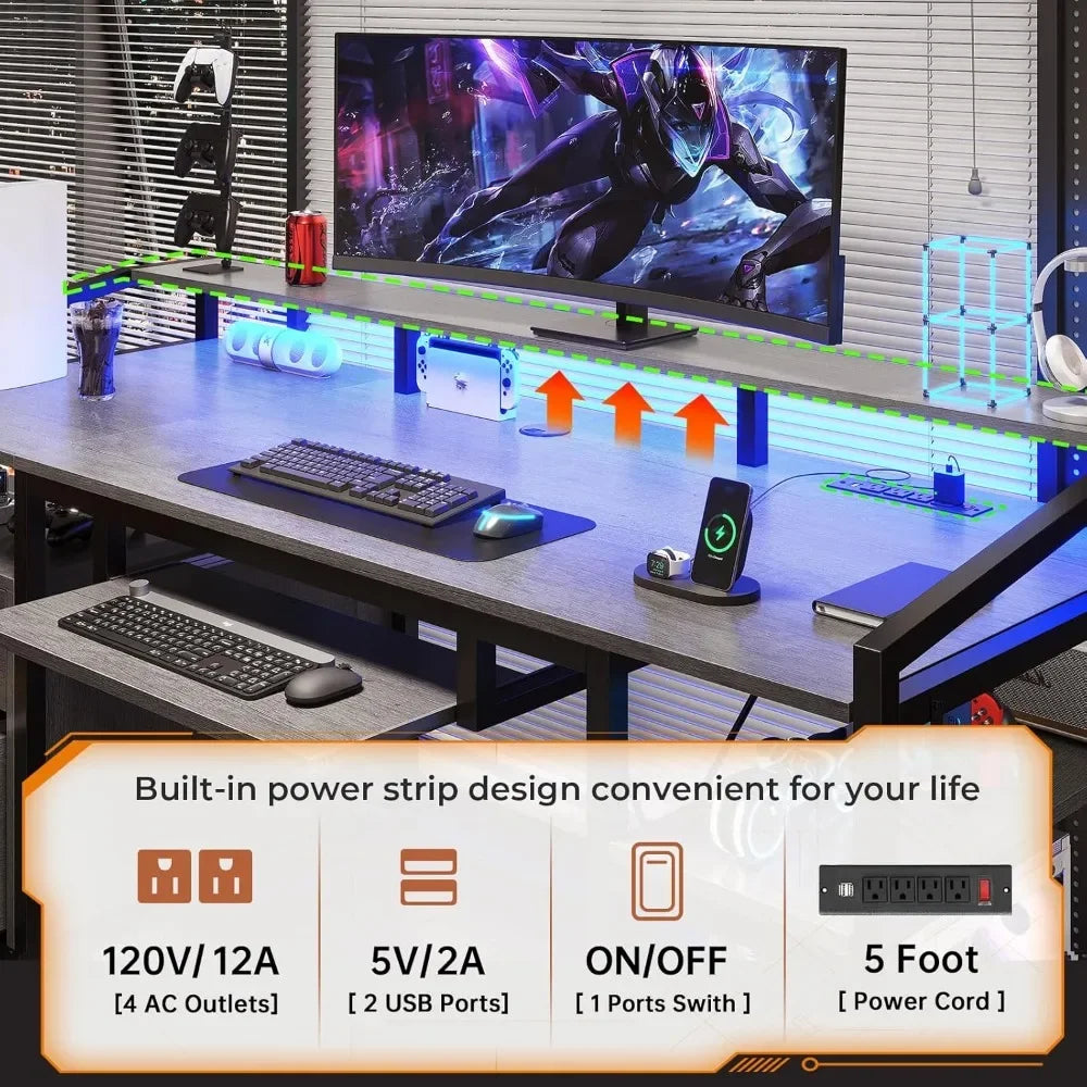 63 Inch Computer Desk Office Desk with Lockable Drawers LED Lights Power Outlet