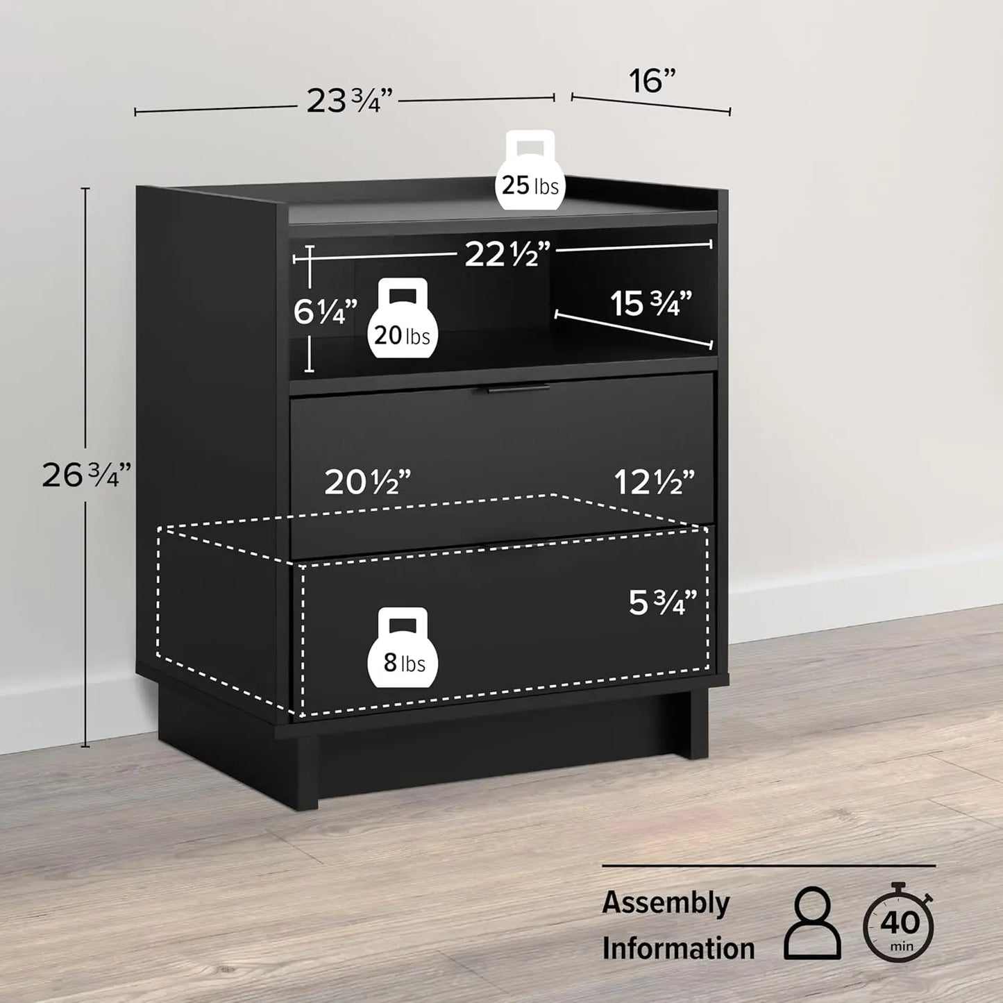 Simply Modern Nightstand Bedside Table with 2 Drawers and Open Shelf