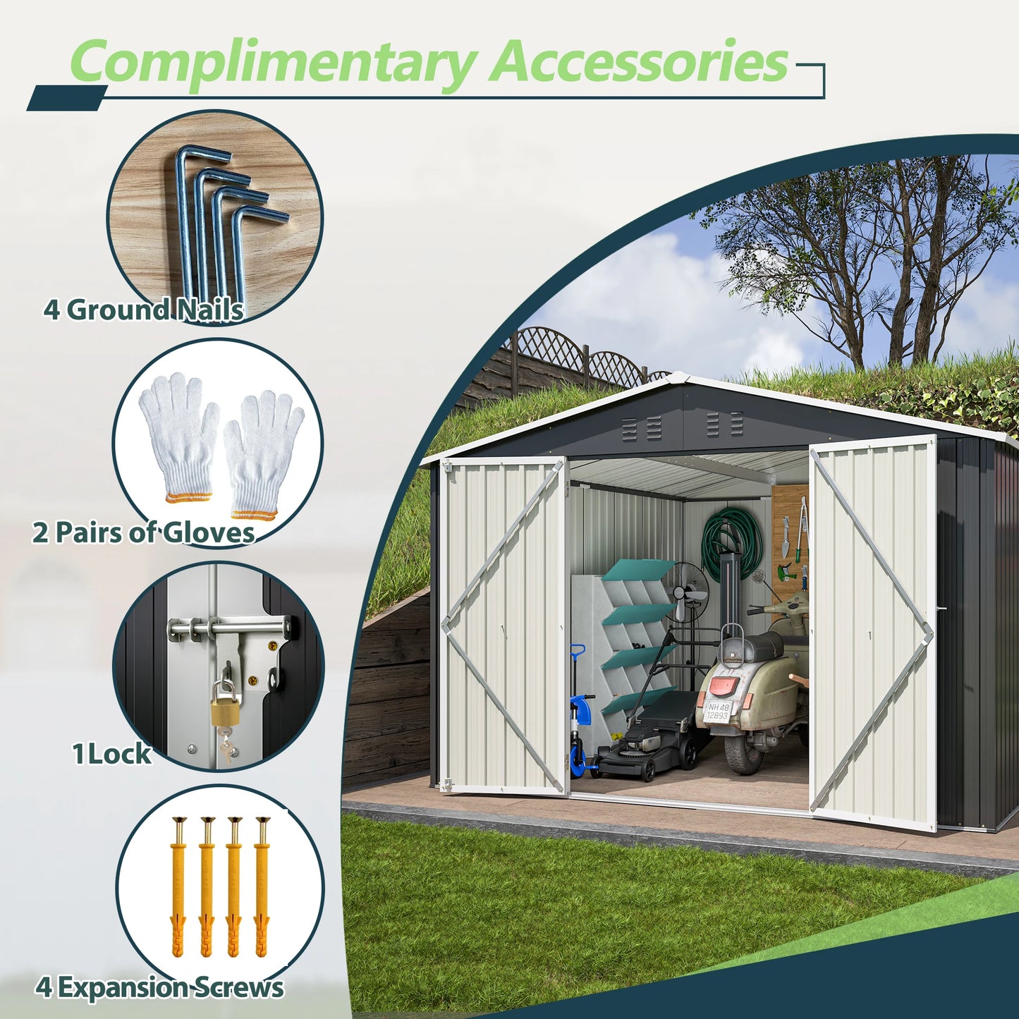 Ljustra Outdoor Storage Shed 10x10 FT Metal Tool Storage Lockable Doors