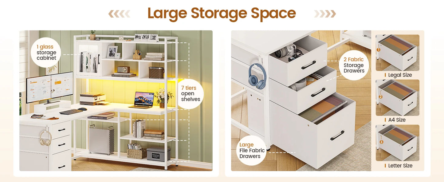 L Shaped Computer Desk with 3 Drawers and Bookshelf for Home Office