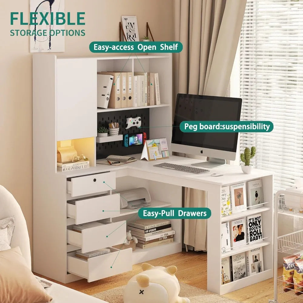 Modern L Shaped Desk with Drawers Bookshelf Corner Home Office LED Light