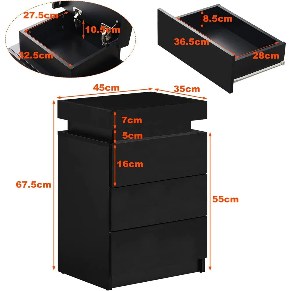 Modern Nightstands Set of 2 with LED Light and 3 Drawers Storage