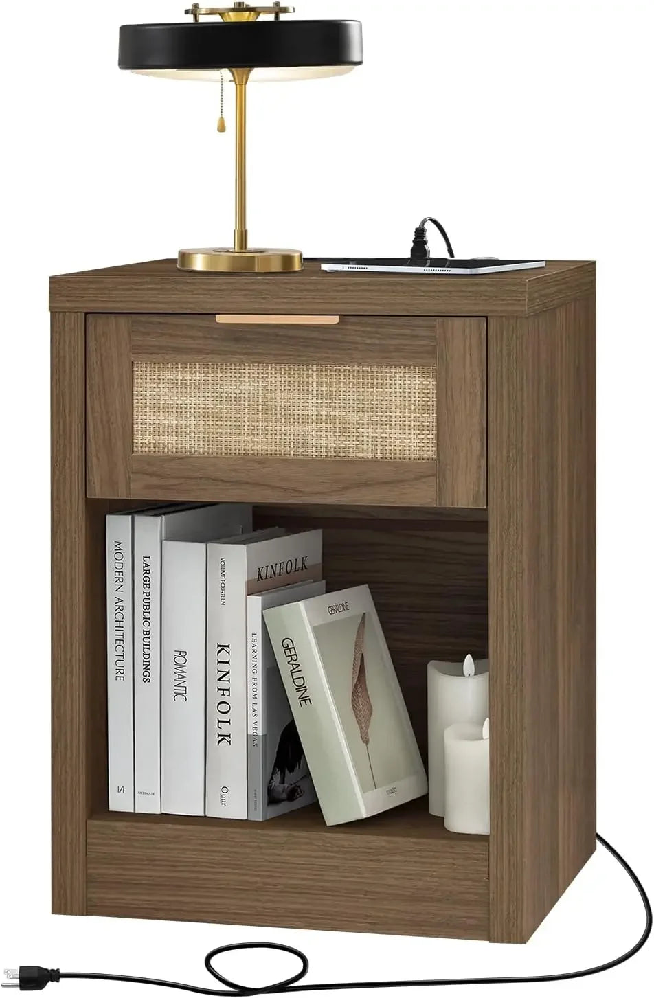 Nightstand Set of 2 Rattan Bedside Table with Charging Station