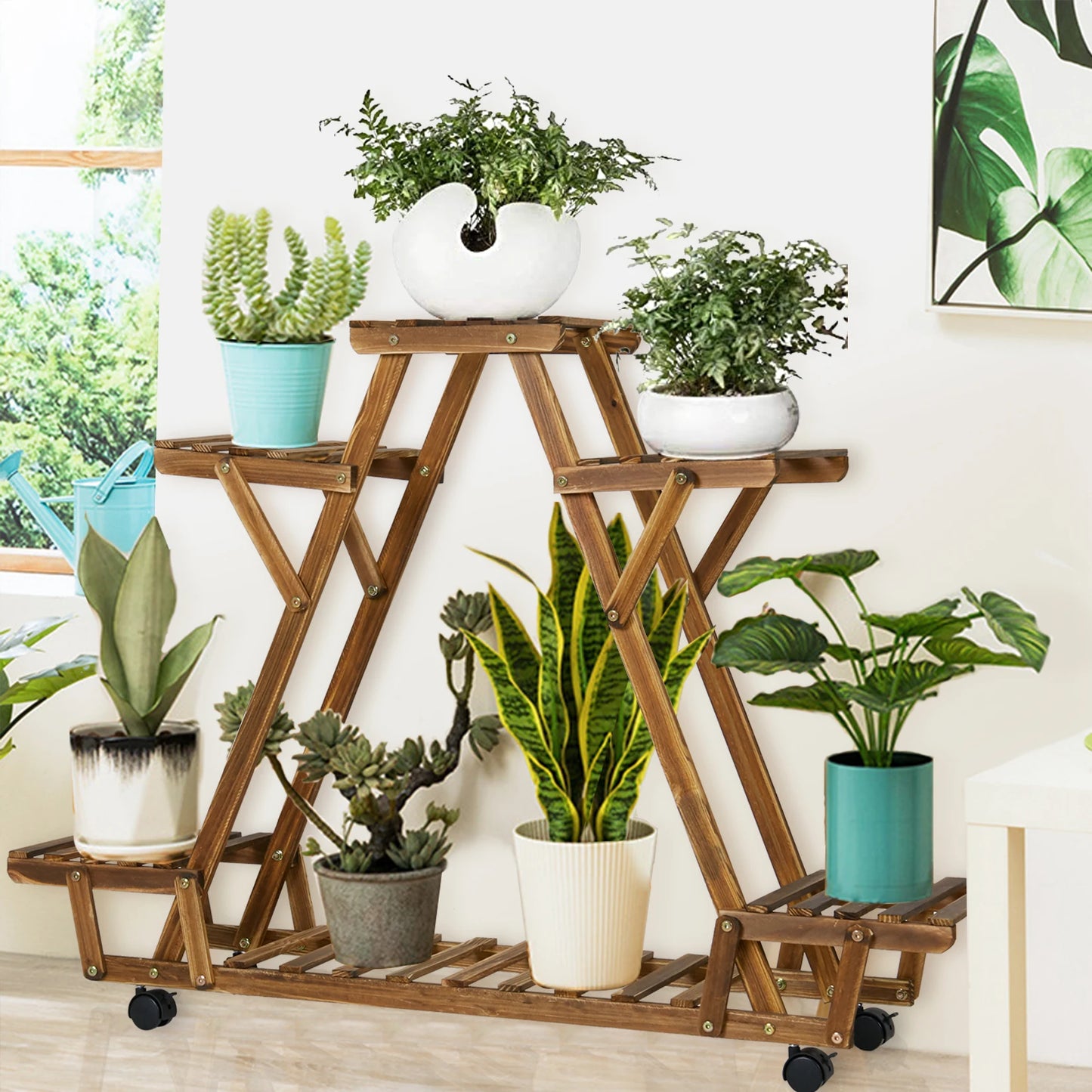 Triangular Plant Shelf with Wheels 6-Tier Carbonized Wood Display Rack