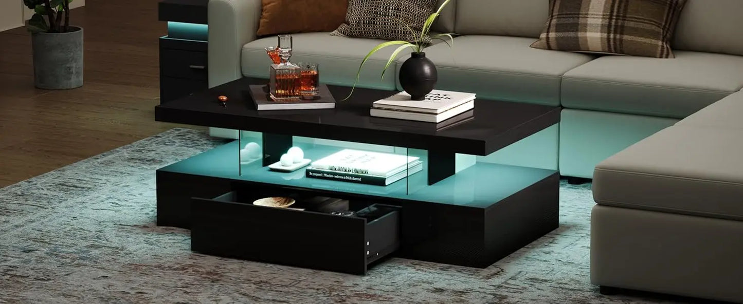 Modern LED Coffee Table High Gloss Storage Drawer Living Room Bedroom