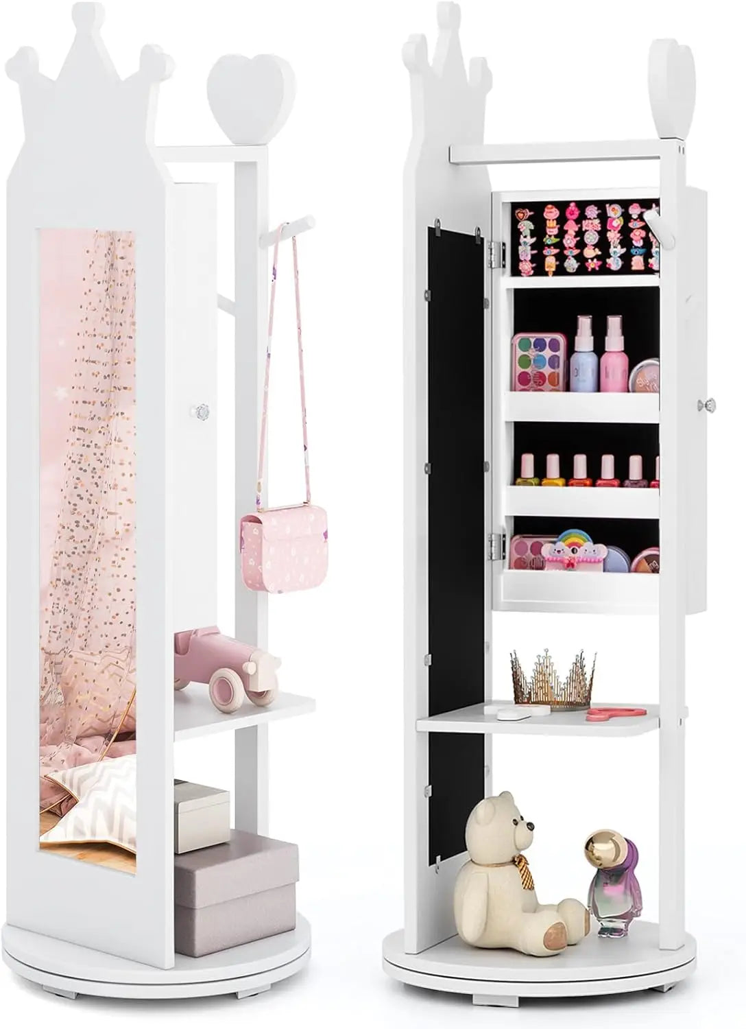 Kids Jewelry Armoire 360° Swivel Cabinet Full Length Mirror Garment Rack