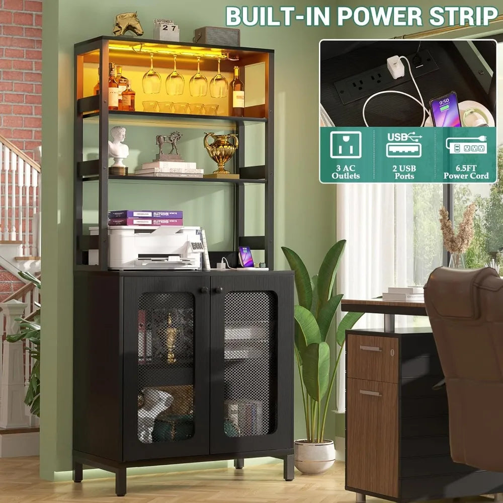 Tall Bar Cabinet with Power Outlets LED Lights Wine Liquor Storage