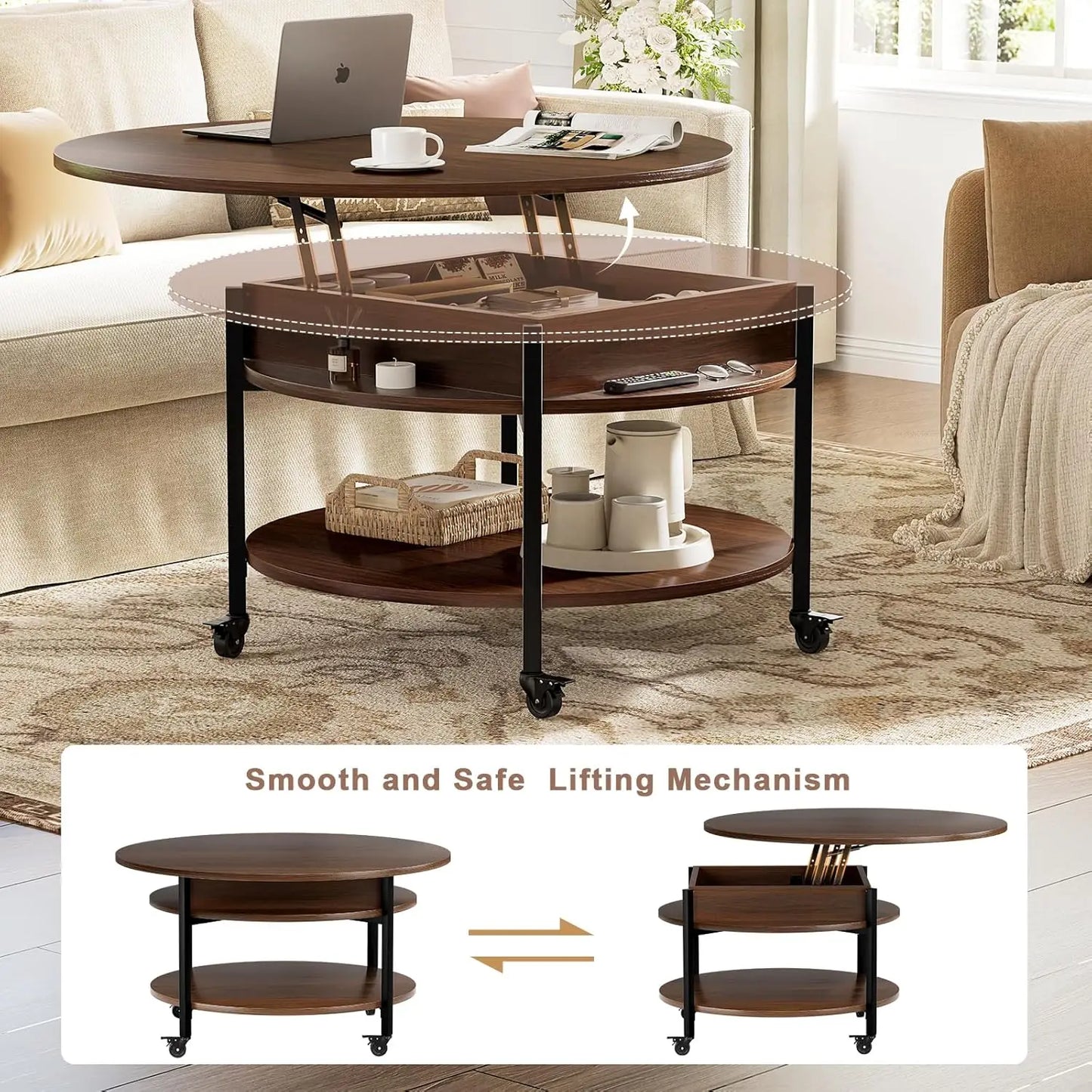 Round Lift Top Coffee Table with Wheels 26.77 inch Storage Living Room