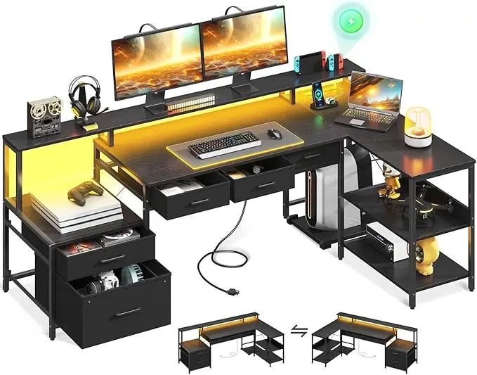 L Shaped Computer Desk with Power Outlet LED Strip 66 Inch Storage