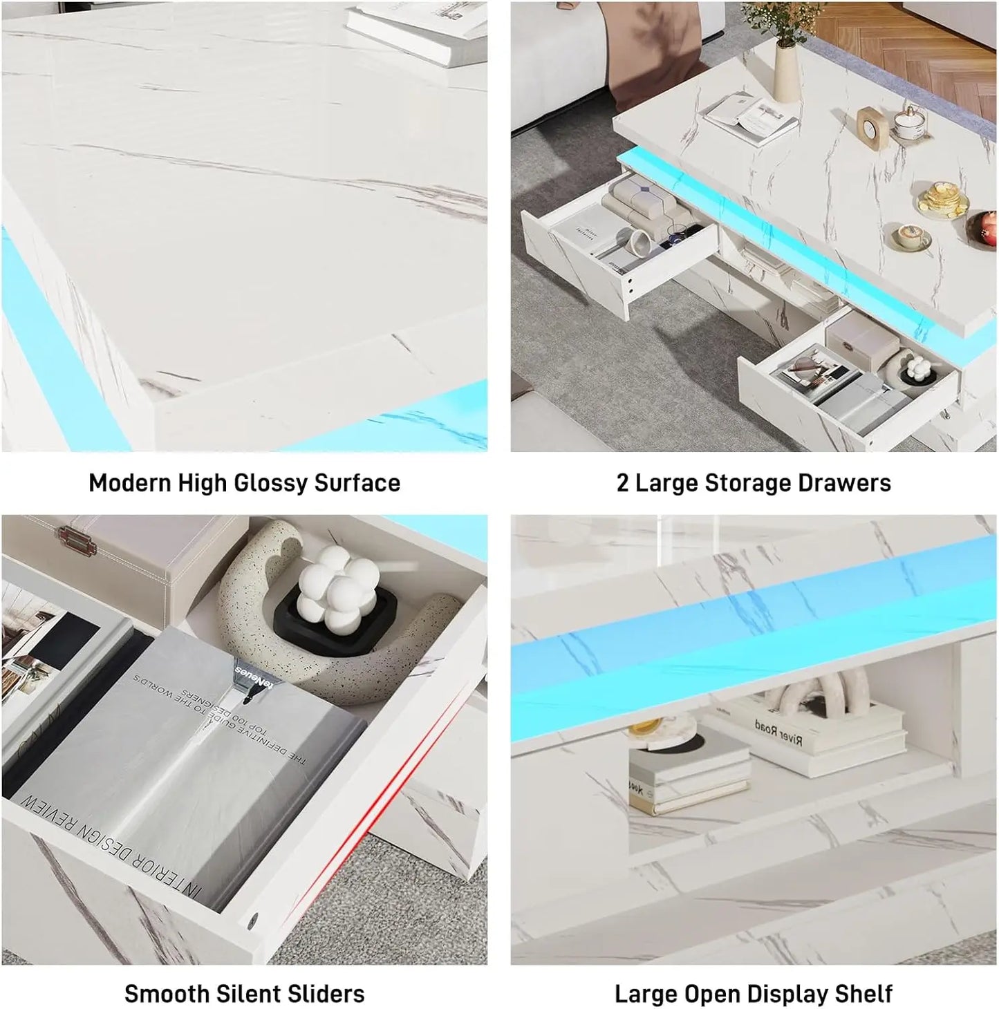 47.2 Inch Modern High Gloss LED Coffee Table with 2 Drawers and Lights