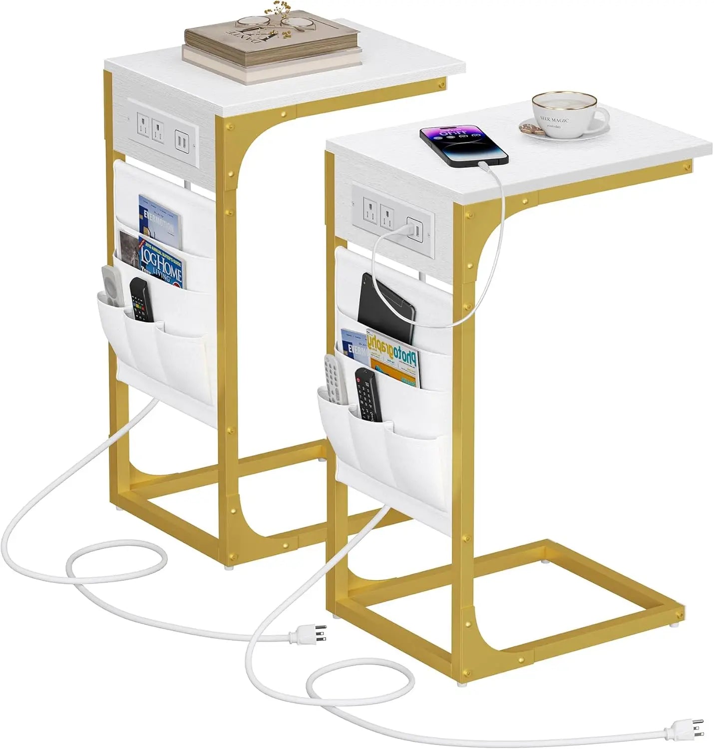 Shaped End Table Set of 2 with Charging Station USB Ports Storage Bag
