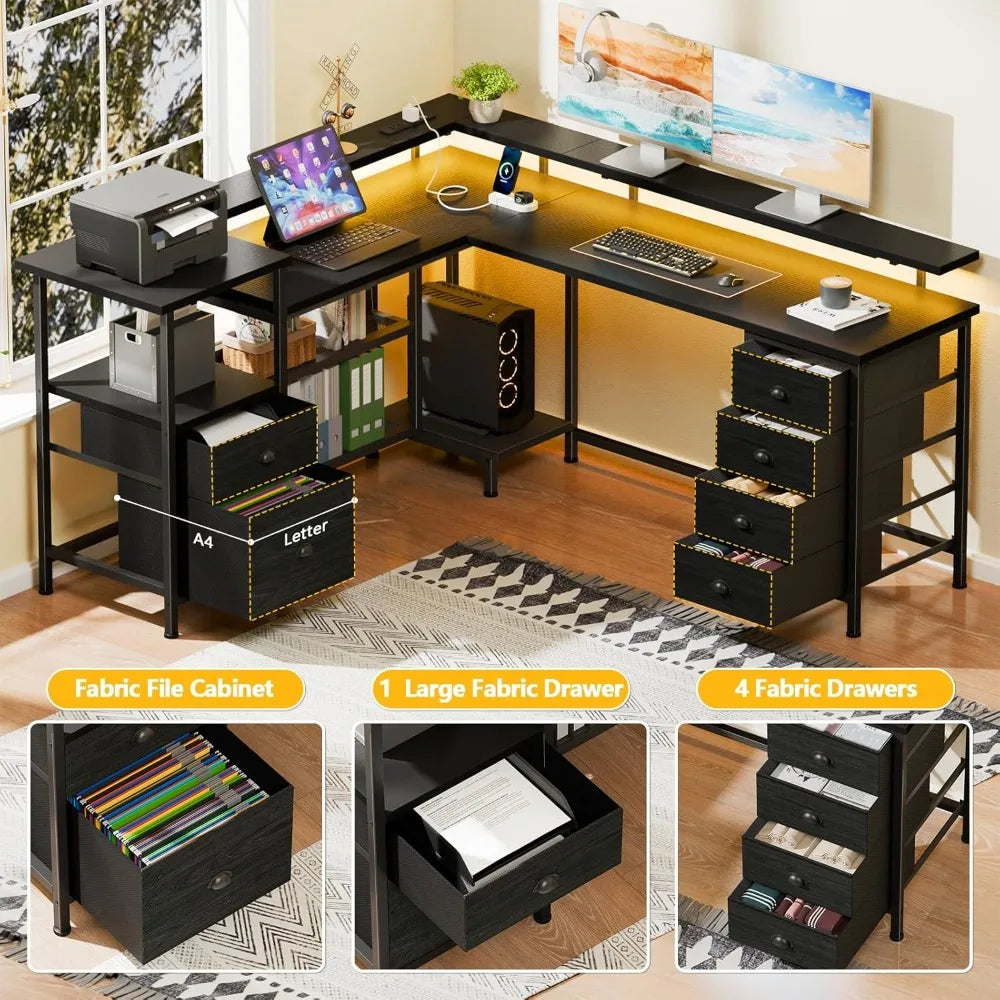 66" L Shaped Gaming Desk with 6 Drawers Power Outlets LED Light