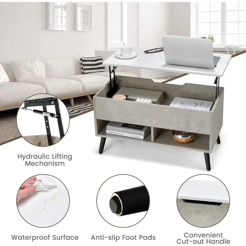 Modern Lift Top Coffee Table with Hidden Compartment and Open Shelves