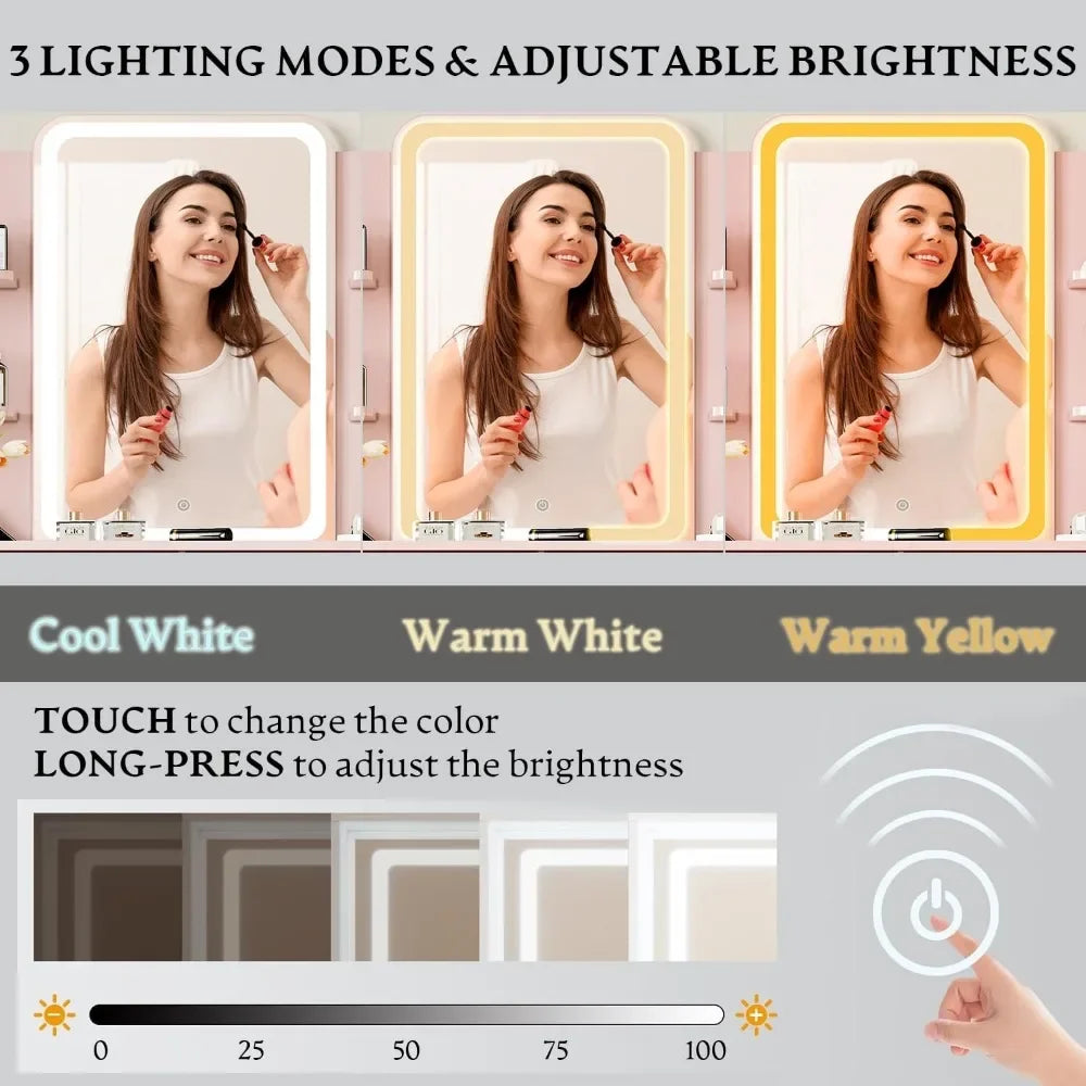 LED Makeup Vanity Desk with Mirror and Storage Drawers Chair Set