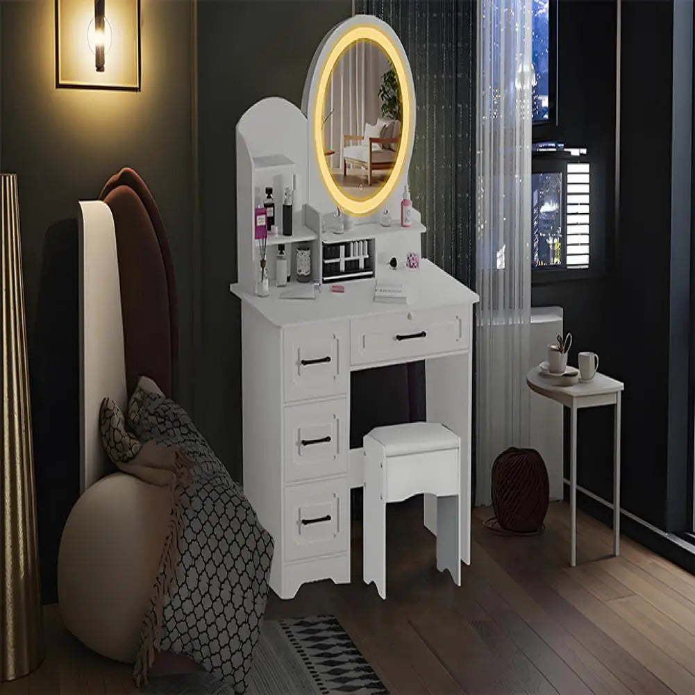 Makeup Desk with Mirror Large Vanity Table Storage 4 Drawers Light