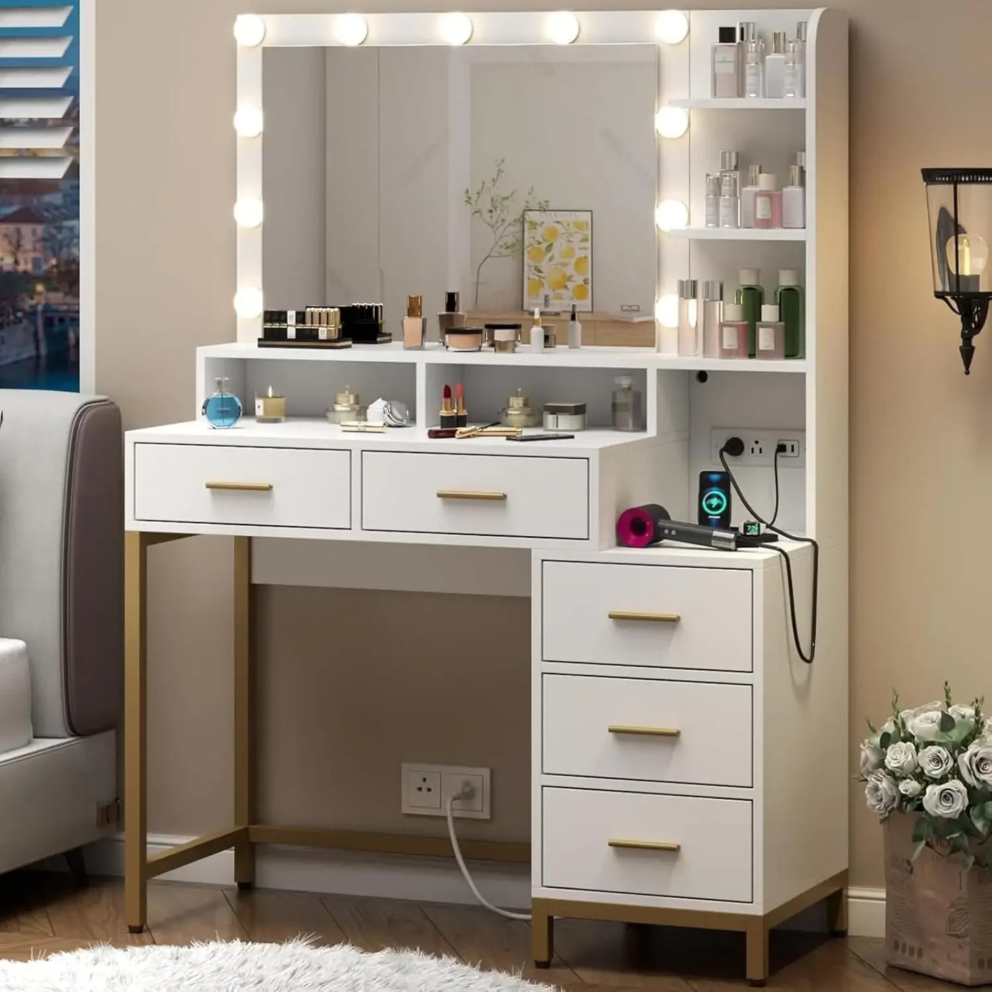 Vanity Desk with Lighted Mirror and Power Outlet Makeup Table 6 Drawers