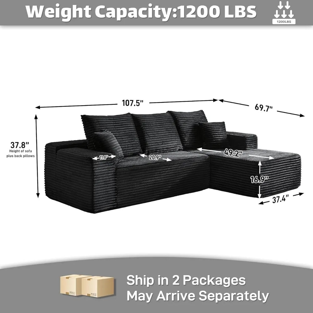 Ljustra Cloud Couch Sectional Modular Sofa 107" Comfy L Shaped Black