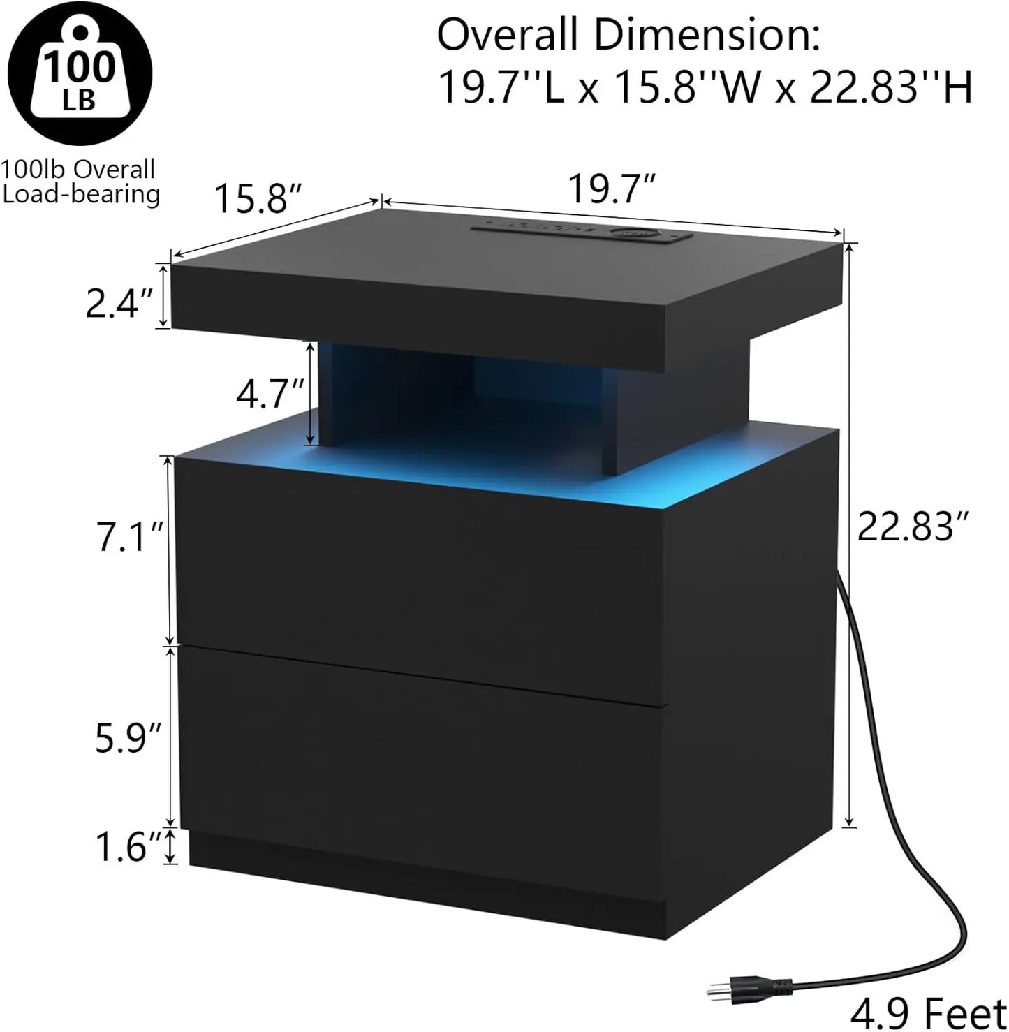 Nightstand with Wireless Charging USB Ports Modern Bedside Table Storage