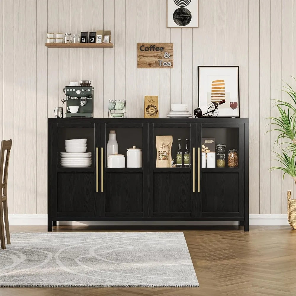 Large Sideboard Buffet Cabinet with 4 Glass Doors Modern Storage