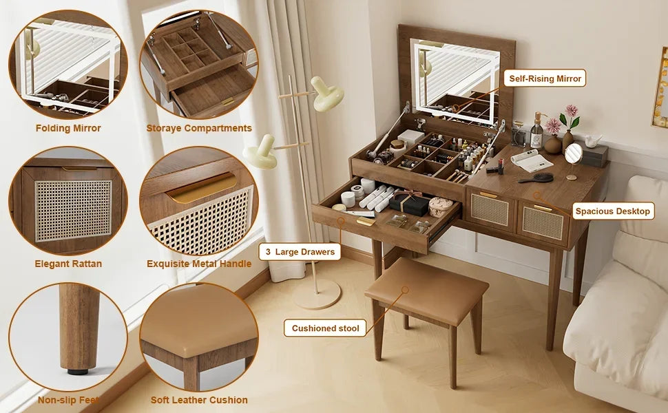 Ljustra LED Lighted Vanity Desk with Openable Mirror and Storage Stool