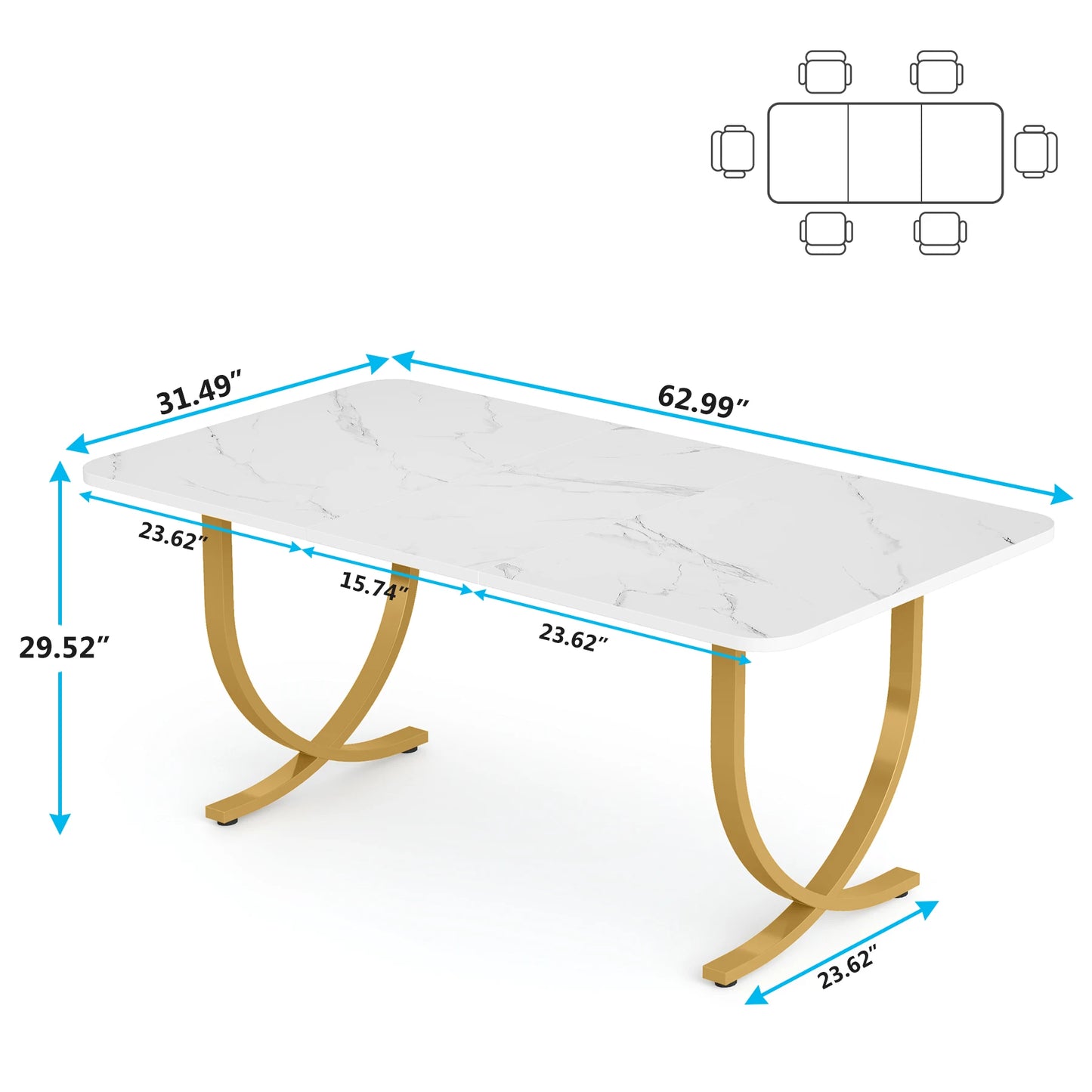 Ljustra 63 Inch Dining Table Rectangular Kitchen Faux Marble Modern Design